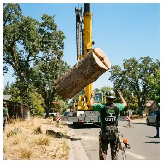 Crane lowering a tree section during a Raleigh removal